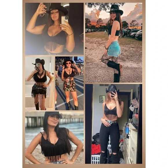 Women Tassel Tank Concert Outfits Festival Clothes  Rave V-Neck Sleeveless Shirt - Picture 4 of 6